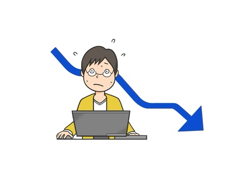 株やFXが下落トレンドで焦る男性 矢印,下降,下降トレンド,損,下落,トレンド,お金,マネー,貨幣,キャッシュのイラスト素材