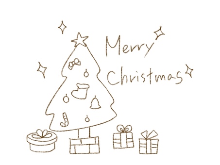 クリスマスの手描きイラスト クリスマス,メリークリスマス,クリスマスツリー,手描き,プレゼント,オーナメント,星,ブーツ,リボン,鉛筆描きのイラスト素材
