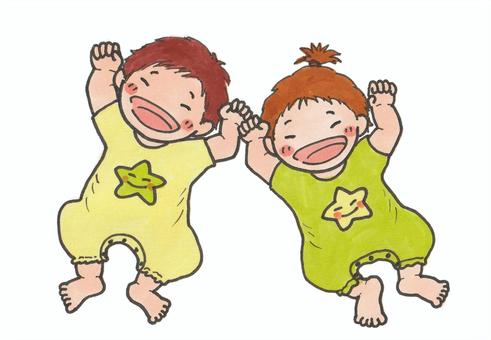 双子ちゃん 双子,男の子,女の子,赤ちゃん,手描き,かわいい,なかよしのイラスト素材