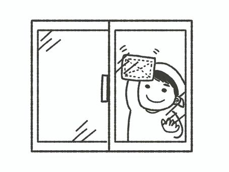 窓ふきをする男の子(白黒/透過) 窓,窓ふき,大掃除,掃除,子ども,男の子,年末,清掃,労働,働くのイラスト素材