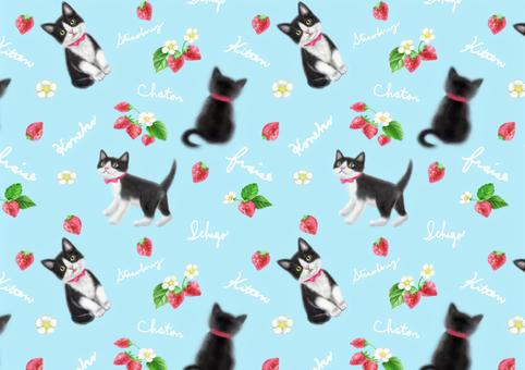 Strawberry and brown kitten pattern wallpaper, blue, cat, hachi ware, strawberry, JPG and EPS