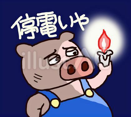 停電でローソクを灯すブタ君