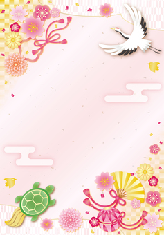 パステルカラーの和柄お祝いフレーム（縦） 七五三,鶴,亀,梅,桜,和,花,キラキラ,かわいい,フレームのイラスト素材
