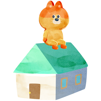 水彩画_家に座るネコ_01 猫,動物,手描き,水彩画,水彩,水彩風,水彩画風,自宅,マイホーム,持ち家のイラスト素材