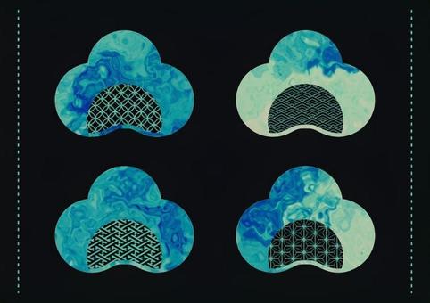 マーブル和柄の梅形青系フレームセット フレーム,飾り枠,デザイン,エレメント,流体,リキッド,和柄,梅,梅の花,雲形のイラスト素材