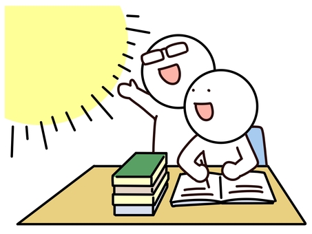 夢を指し示す先生と生徒の棒人間 夢,希望,棒人間,先生,生徒,家庭教師,笑顔,眼鏡,テーブル,勉強のイラスト素材