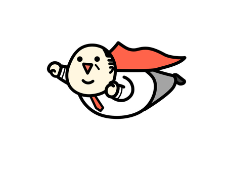 マントで空飛ぶ中年男性　イラスト素材 おじさん,男性,中年,マント,飛ぶ,ヒーロー,可愛い,50代,お父さん,手描きのイラスト素材