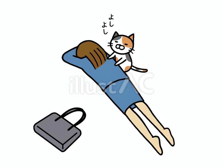 倒れる女性と猫 女性,猫,うつ伏せのイラスト素材