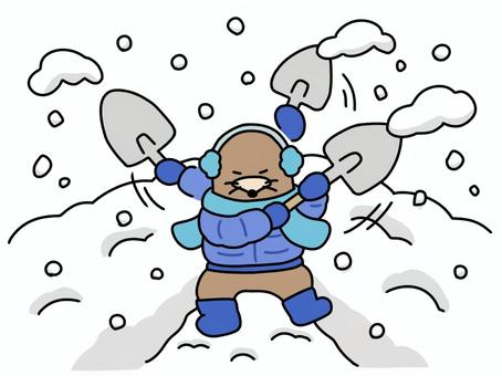 一心不乱に雪かきをするもぐら 雪かき,もぐら,豪雪地帯,スコップ,手描き,ゆるい,かわいい,擬人化,キャラクター,耳当てのイラスト素材