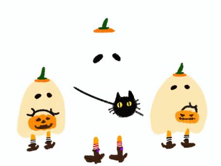 ハロウィンおばけ ハロウィン,おばけ,黒猫,かぼちゃ,ジャックオランタン,仮装,手描き,かわいい,シンプル,ラフのイラスト素材
