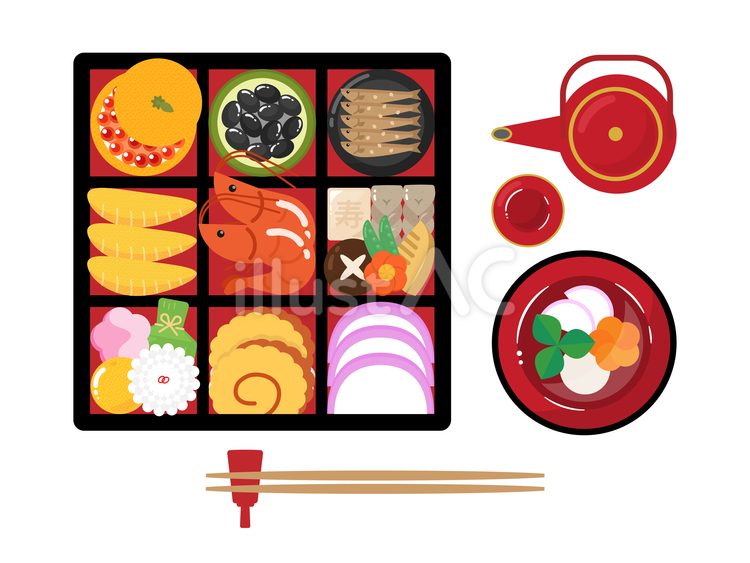 おせち料理とお屠蘇とお雑煮02 おせち,おせち料理,お屠蘇のイラスト素材