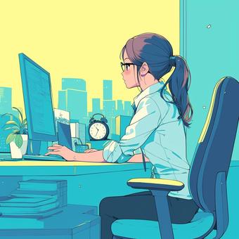 Woman concentrating at desk, office, people, work, JPG
