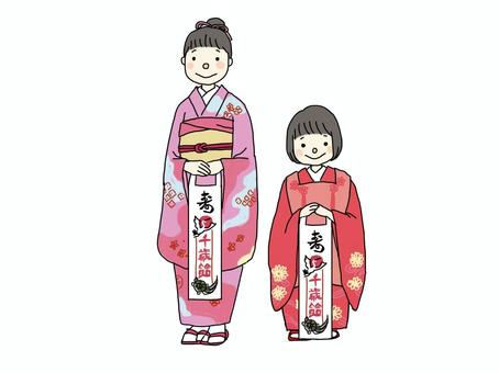 七五三　着物の女の子 七五三,女の子,姉妹,着物,千歳飴,秋,行事,学校,教育,教材のイラスト素材