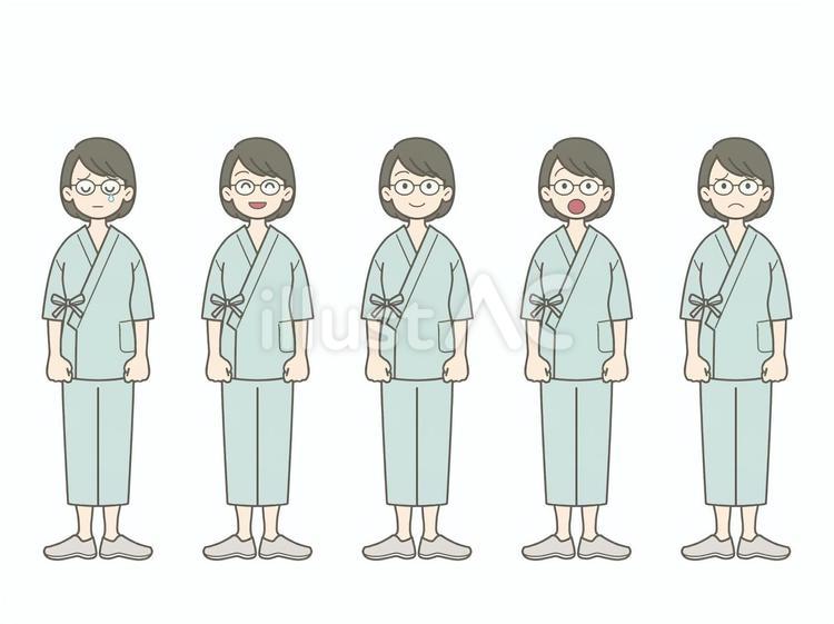 患者　女性　立ち絵　病衣　甚平 患者,メガネ,眼鏡のイラスト素材