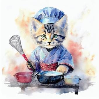 子猫が調理師の服を着て料理している 子猫が調理師の服を着て料理している 子猫,猫,にゃんこのイラスト素材