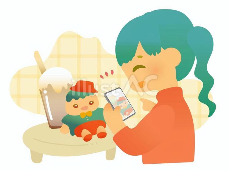ぬい撮りをする女性のイラスト 人物,女性,女の子のイラスト素材