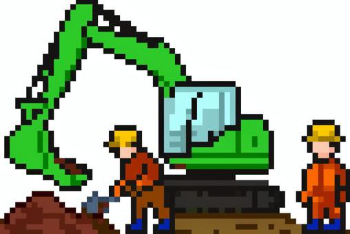 ドット絵のショベルカーを使った工事現場。 ドット絵,ショベルカー,シンプル,建設,現場,重機,作業員,工事,土木,機械のイラスト素材