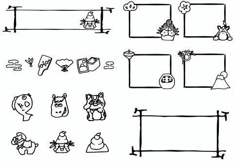 1月のおたよりカットイラスト　モノクロ おたより,園だより,学校プリント,１月,小学校,幼稚園,保育園,セット,可愛い,正月飾りのイラスト素材
