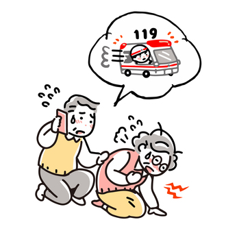 救急車を呼ぶシニア夫婦＿女性 高齢者,病気,シニア,救急車,お年寄り,お爺さん,おばあさん,119,年配,痛みのイラスト素材