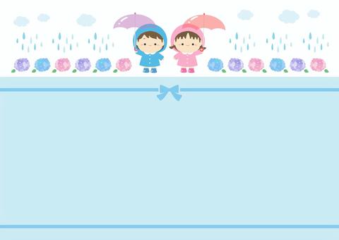 梅雨のあじさいと傘をさす子どもたち02 梅雨,あじさい,雨,傘,背景,フレーム,アジサイ,紫陽花,リボン,花のイラスト素材