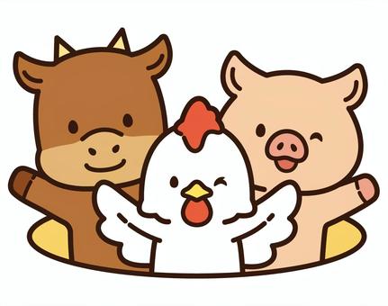 穴からひょっこり登場する可愛い鶏・豚・牛 鶏,豚,牛,家畜,肉屋,スーパー,畜産,精肉コーナー,チラシ,シンプルのイラスト素材