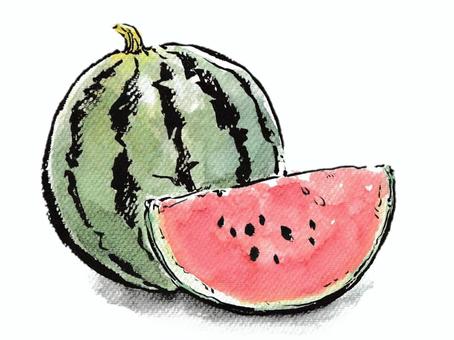 絵手紙風　みずみずしいすいか すいか,食べ物,果物,野菜,夏,7月,8月,丸ごと,カット,みずみずしいのイラスト素材