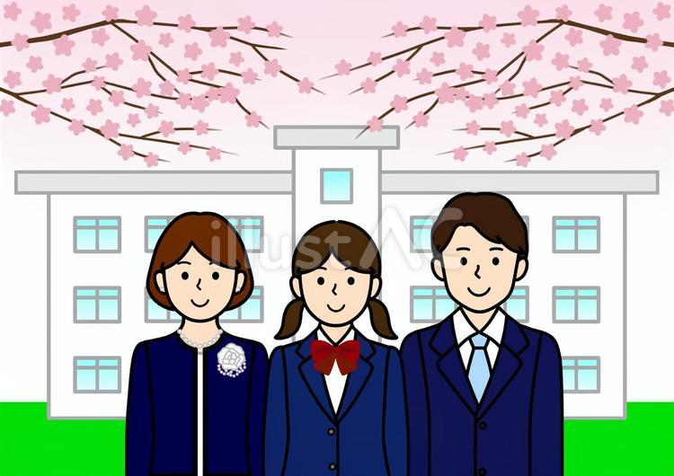 桜と学校の校舎と学生とお父さん・お母さん 春,卒業式,両親のイラスト素材
