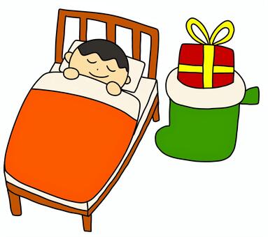 ベッドの横にクリスマスプレゼント ベッド,男の子,かわいい,子供,クリスマス,行事,イベント,冬,12月,プレゼントのイラスト素材