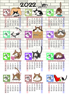 カレンダー　猫　沢山　一年　2022 カレンダー,猫,沢山,一年,2022,月,曜日,背景,レンガのイラスト素材