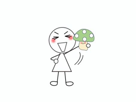きのこ狩りをする棒人間（緑） きのこ,秋,きのこ狩り,食べ物,キノコ,カラフル,かわいい,山,秋の味覚,棒人間のイラスト素材