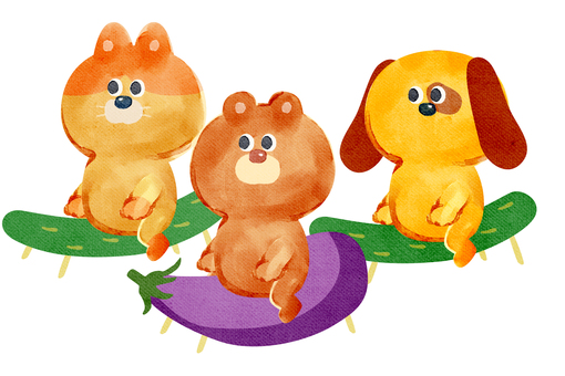 水彩画_お盆の野菜に乗る動物_01 猫,熊,犬,動物,手描き,水彩画,水彩,水彩風,水彩画風,精霊馬のイラスト素材