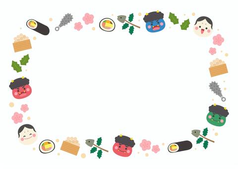 かわいい節分フレーム02 節分,背景,フレーム,鬼,豆,恵方巻,節分豆,2月,冬,花のイラスト素材