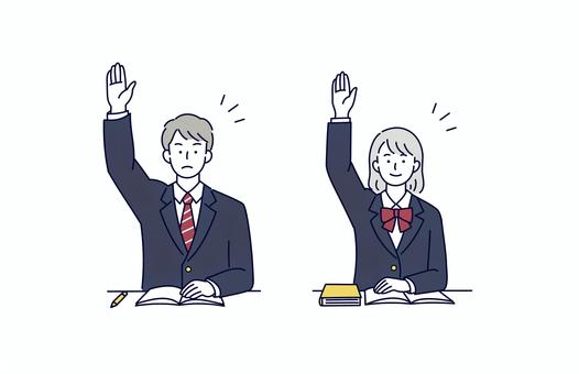 授業で挙手する制服姿の男女学生イラスト 学生,高校生,中学生,男女,ブレザー,ネクタイ,リボン,授業,勉強,挙手のイラスト素材