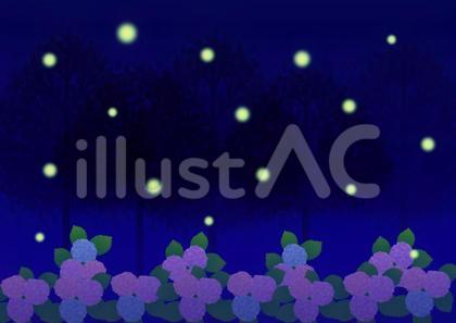 紫陽花と森林の中を飛び交う蛍の夜の風景