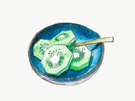 キウイ水彩画 キウイ,器,スプーン,水彩画,手描きのイラスト素材