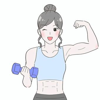 ダンベルで鍛える女性 イラスト 女性,ダンベル,筋肉,筋トレ,鍛える,力こぶ,隆々,腹筋,シックスパック,力のイラスト素材