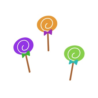 棒付きキャンディ 飴,ロリポップ,お菓子,棒,リボン,カラフル,オレンジ,紫,緑のイラスト素材