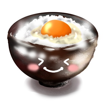 卵かけご飯（茶碗に顔入り） ご飯,手書き,茶碗,大盛り,湯気,卵かけ,笑顔,にっこり,なごみ,ほっこりのイラスト素材