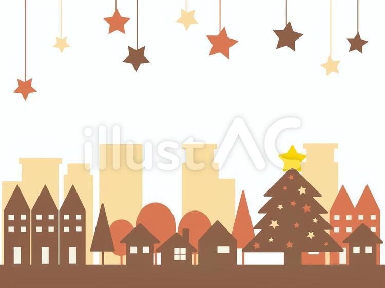 オレンジの星とクリスマスな町並みフレーム クリスマス,町並み,ツリーのイラスト素材