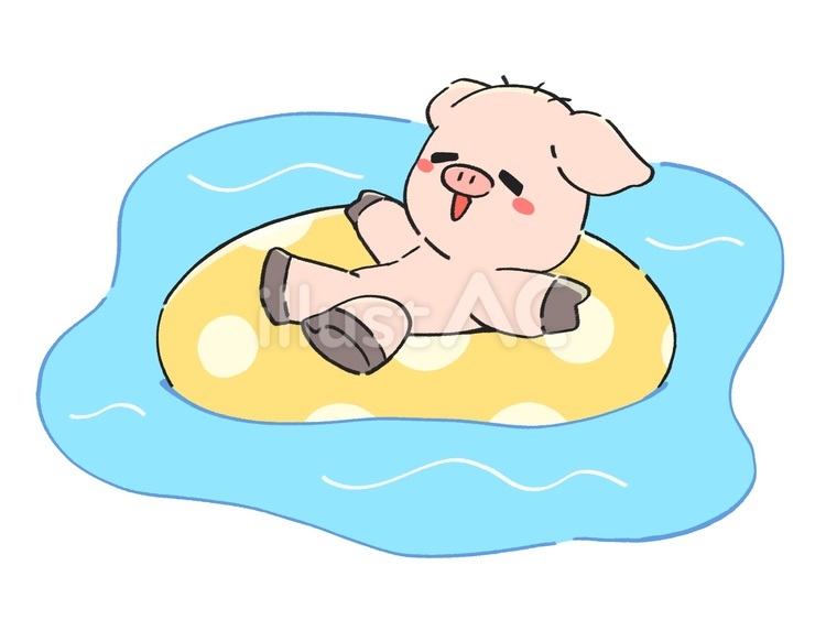 水玉浮き輪でぷかぷか浮かぶブタ 浮き輪,水遊び,プールのイラスト素材