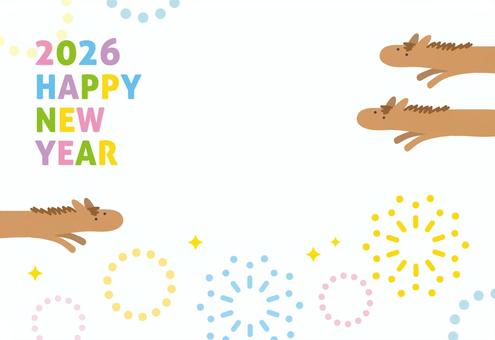 2026年午年かわいい年賀状、馬と花火 年賀状,馬,花火,午年,2026,2026年,正月,お正月,おしゃれ,手描きのイラスト素材