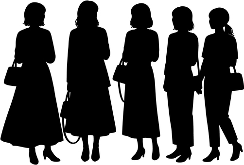 20代女性5人のシルエット 女性,20代,グループ,女子会,友達,仲良し,同僚,ol,会社員,大学生のイラスト素材