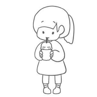 ドリンクを飲む女の子（線画） 女の子,イラスト,ドリンク,飲み物,カフェ,カフェタイム,お茶,甘い飲み物,手描き風,ゆるいのイラスト素材
