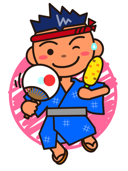夏祭り_男の子 男の子,ゆかた,帯,笑顔,お祭り,うちわ,とうもろこし,ねじり鉢巻,汗のイラスト素材