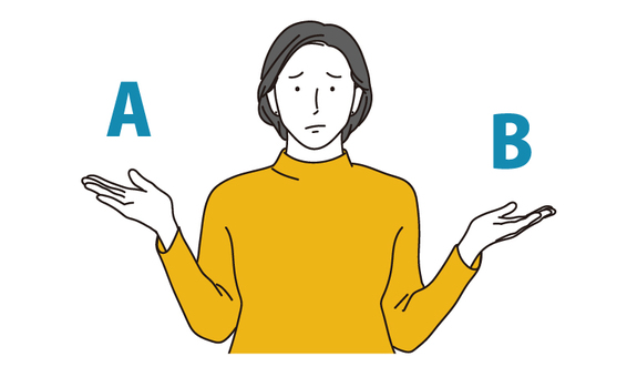 二択に悩む女性のイラスト素材 二択,困る,悩む,迷う,選択肢,女性,選ぶ,選択,比べる,イラストのイラスト素材