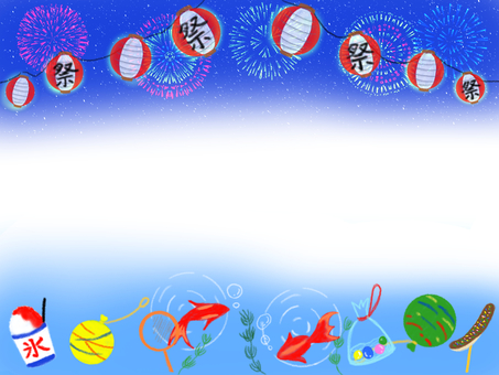 楽しい夏祭り3 夏祭り,花火,フレーム,金魚,夜空,祭,ちょうちん,灯り,ヨーヨー,スーパーボールのイラスト素材