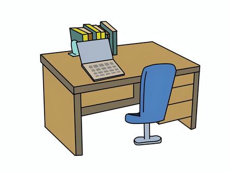 ノートパソコンが置いてある机 ノートパソコン,仕事机,デスク,勉強机,椅子,本,ブックスタンド,茶色,シンプル,白背景のイラスト素材