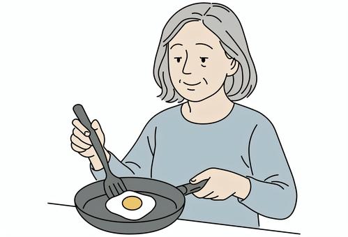 目玉焼きを作るシニア女性 高齢者,料理,朝食,フライパン,キッチンのイラスト素材
