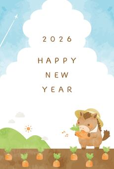 にんじん畑と可愛いウマの年賀状イラスト ウマ,動物,年賀状,食べ物,にんじん,畑,午年,テンプレート,2026年,可愛いのイラスト素材