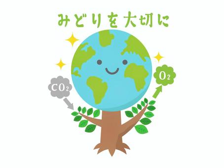 環境のイラスト3 地球,環境,アース,緑,木,葉,二酸化炭素,酸素,光合成,キラキラのイラスト素材